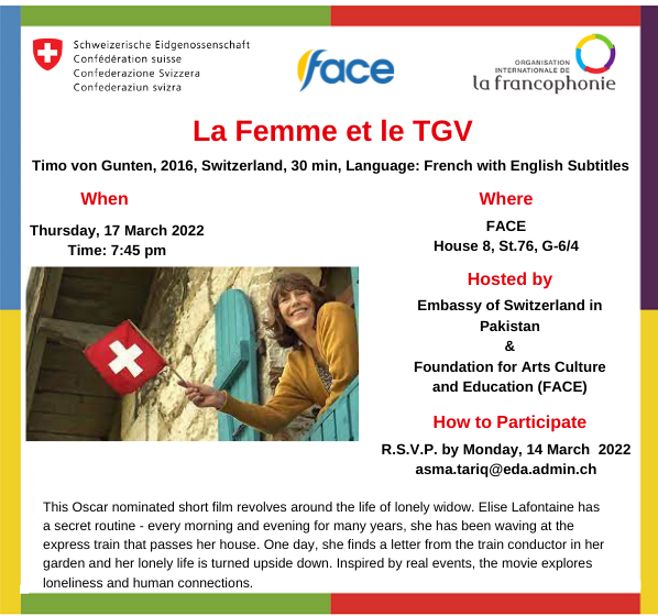 faceinpakistan's tweet photo. FACE and the Embassy of Switzerland in Pakistan is happy to host La Francophonie event on Thursday, 17th March 2022. 
Join us as we screen two international movies

RSVP by Monday, 14th March 2022 (asma.tariq@eda.admin.ch) to be a part of the event.
#facepakistan #switzerland https://t.co/Rb62oSJQRM