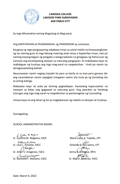 Pyotr30's tweet photo. Update: Official statement of CANOSSA COLLEGE OF SAN PABLO, after ??? days, finally. Hoping na mayroon talagang aksyon na naayon sa batas. Maraming salamat sa lahat. https://t.co/fOA0eS3ZDM