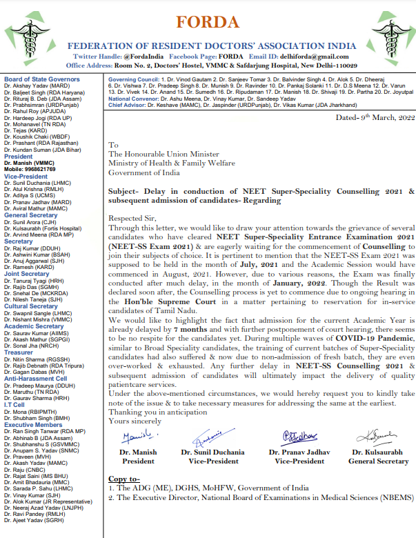 ANI's tweet photo. FORDA writes to Union Health Minister Mansukh Mandaviya regarding a delay in the conduction of NEET Super-Speciality Counselling 2021 &amp; subsequent admission of candidates. https://t.co/yZZ5jxmuxL