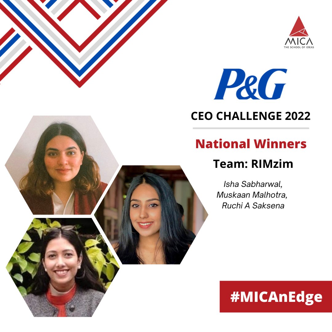 MICA_Ahmedabad's tweet photo. We are pleased to inform that Ruchi Saksena, Isha Sabharwal, and Muskaan Malhotra (Team RIMzim) from MICA have emerged as National Winner of P&G CEO Challenge 2022 and yet again proven what it means to have the #MICAnEdge.
#MICAnEdge #LifeAtMICA #BSchool #Competition https://t.co/kBzeHdKPkX