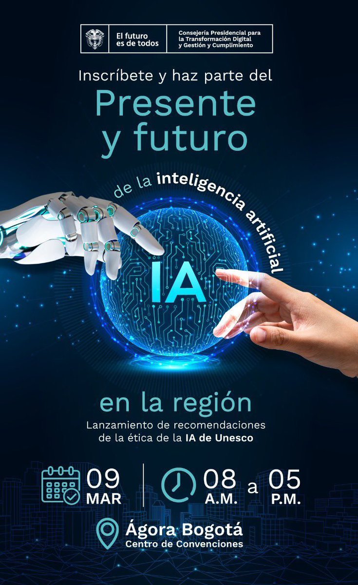 Santiago Pinzón Galán 🇨🇴 (@santiagopinzong) on Twitter photo Hoy 🇨🇴 da un gran paso en materia de políticas públicas en materia de #InteligenciaArtificial #AI con <a href="/UNESCO/">UNESCO 🏛️ #Education #Sciences #Culture 🇺🇳</a>
Esperemos que post 13 de Marzo se presenten ideas concretas en agenda de #TransformaciónDigital para #ColombiaPaísDigital #CandidatosHablenDeTIC
#SumateYPregunta Hoy 🇨🇴 da un gran paso en materia de políticas públicas en materia de #InteligenciaArtificial #AI con <a href="/UNESCO/">UNESCO 🏛️ #Education #Sciences #Culture 🇺🇳</a>
Esperemos que post 13 de Marzo se presenten ideas concretas en agenda de #TransformaciónDigital para #ColombiaPaísDigital #CandidatosHablenDeTIC
#SumateYPregunta