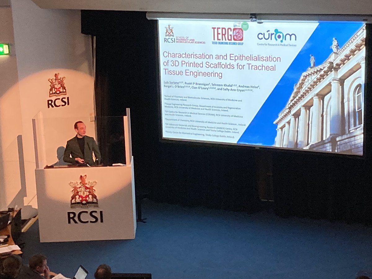 TissueEngDublin's tweet photo. @luisoriano_  presenting at RCSI Research Day on the topic of ‘Characterisation and Epithelialisation of 3D Printed Scaffolds for Tracheal Tissue Engineering’ @RCSI_Irl https://t.co/S7RYeEp1el