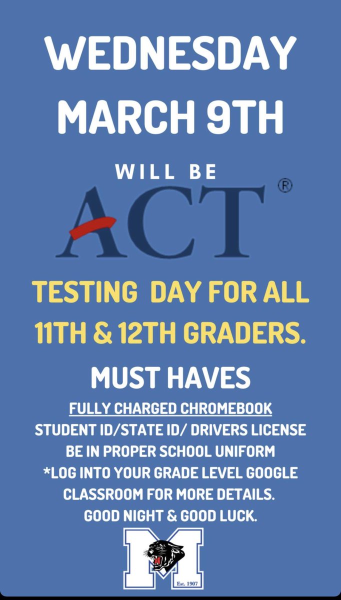ACT Testing Today
Parents, ACT for Juniors and Seniors today  Freshman and Sophomores stay home and work virtually today  siap.ps/209a29