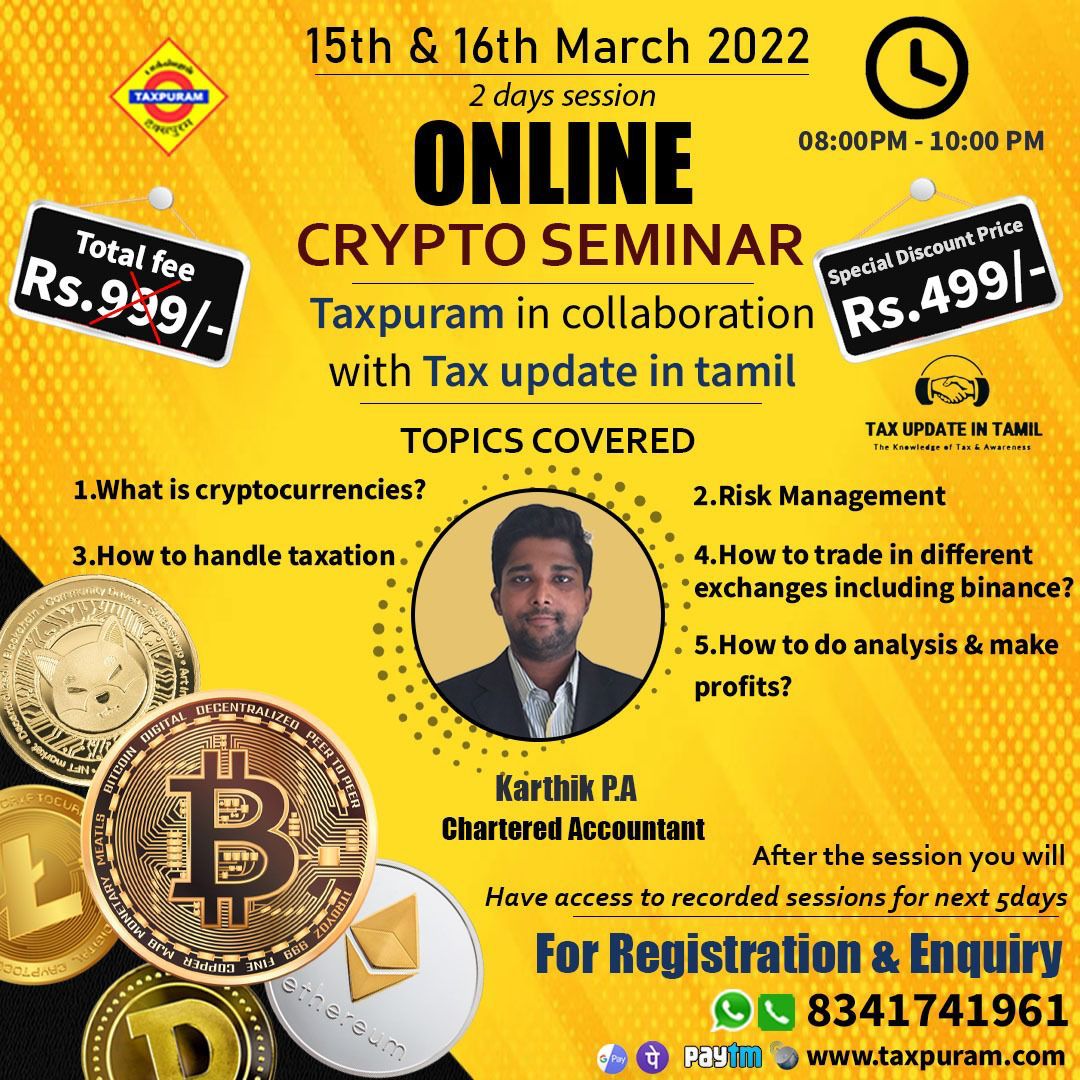 2 Days Online Session on Cryptocurrency in Tamil. Learn Risk Management,  Taxation, Trade and How to make Profits.. Call for Registration: 8341741961  #cryptocurrency #cryptocurrencies #crypto #onlineseminar #Taxpuram  #riskmanagement