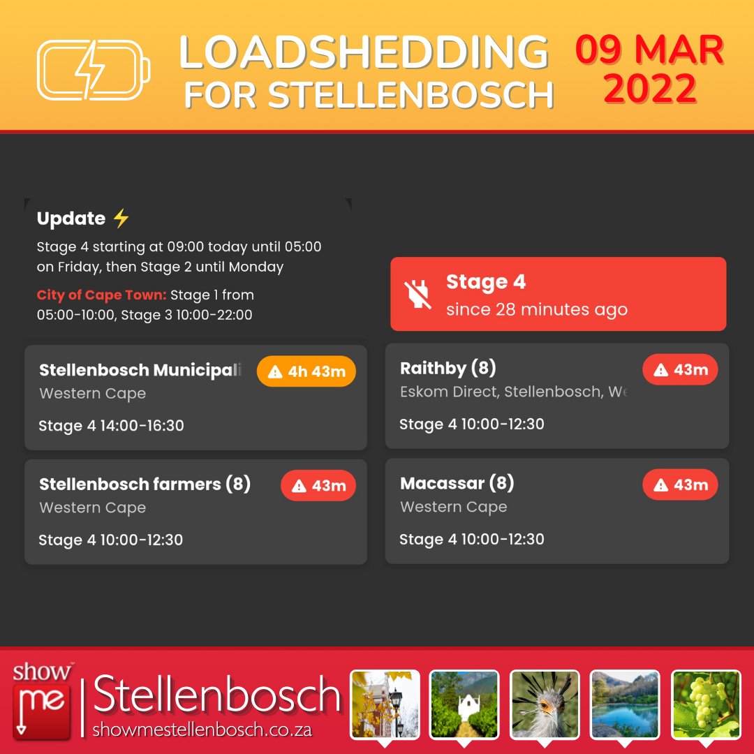 ⚠️#loadsheddingupdate ⚠️
.
Stage 4 has started until Friday 🔌💡
.
#loadshedding #loadsheddingstellenbosch #showmestellenbosch