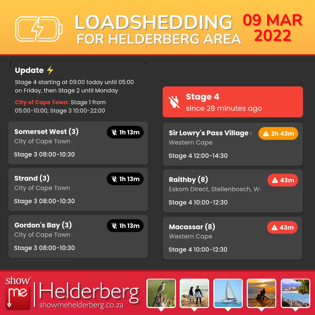 ⚠️ #loadsheddingupdate ⚠️
.
#loadshedding Stage 4 has started until Friday 🔌💡
.
#loadsheddingstrand #loadsheddinggordonsbay #loadsheddingsomersetwest #showmehelderberg