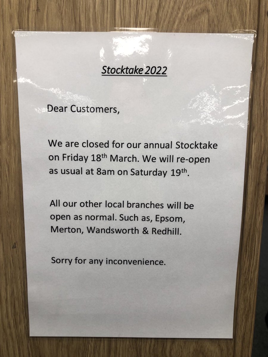 We Are Stocktaking Next Friday 18/03 so we will be closed for the Day. Please Note Local Branches which will be open as Normal.