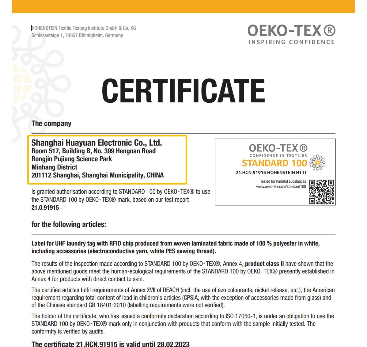 kuang_kuang2's tweet image. Shanghai HUAYUAN Electronic obtained the Standard 100 Class II certification by OEKO-TEX® (textiles used close to the skin) for its HLT laundry tags. #textiles #Laundrytag