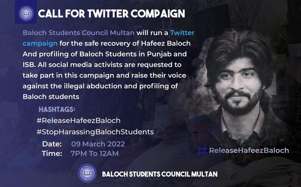 fazal_yaquob's tweet photo. BSC Multan will be running a campaign against enforced disappearance of Hafeez Baloch and profiling of Baloch students in Punjab and Isb. Be the part of campaign and raise voice aforementioned atrocities.
#ReleaseHafeezBaloch #BringBackScholar #StopHarassingBalochStudents https://t.co/xvaBiwh4RL