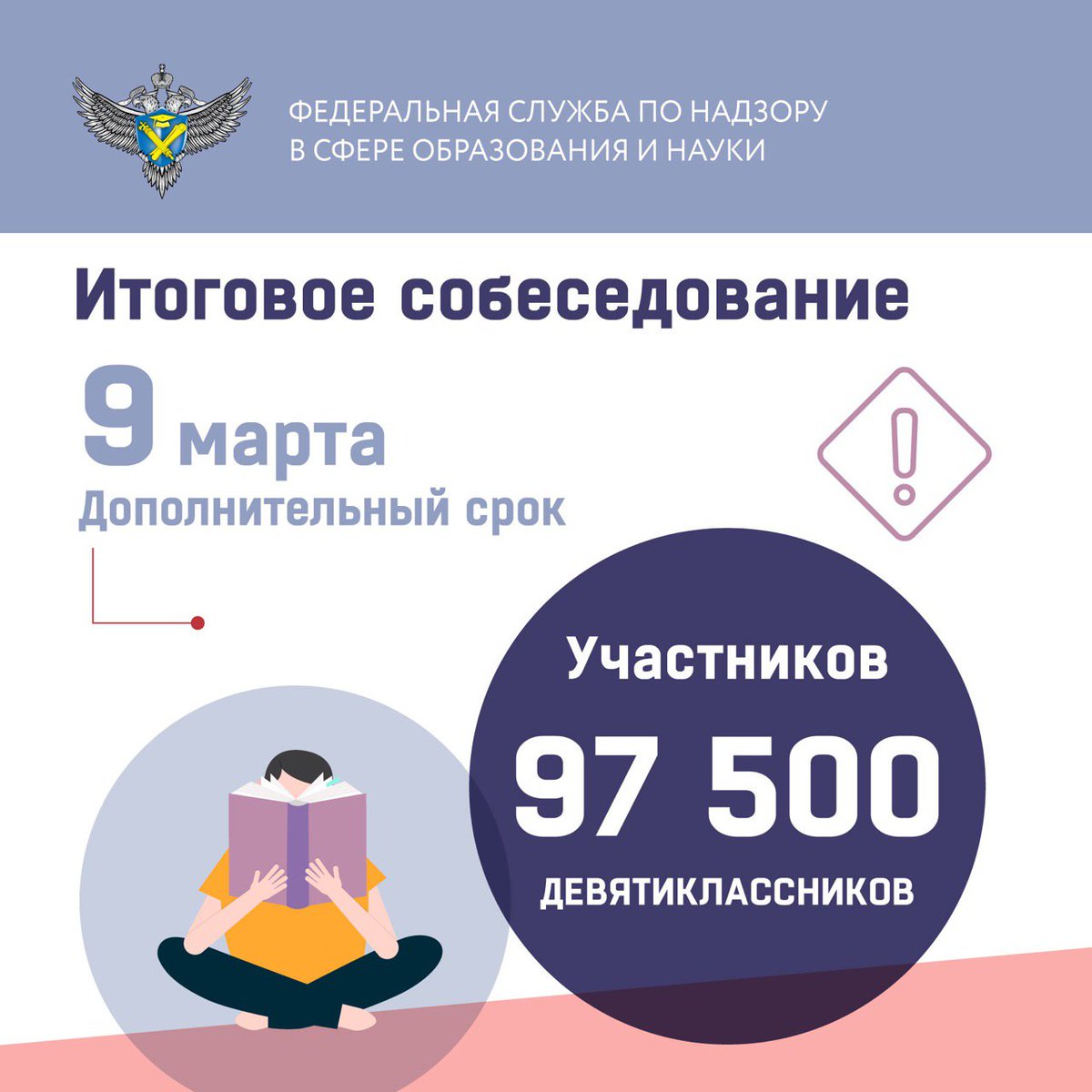 Более 97,5 тыс. девятиклассников сдадут итоговое собеседование в дополнительный срок 9 марта. Собеседование пройдет во всех регионах России.

Предусмотрен еще один дополнительный день проведения собеседования – 16 мая 2022 года.