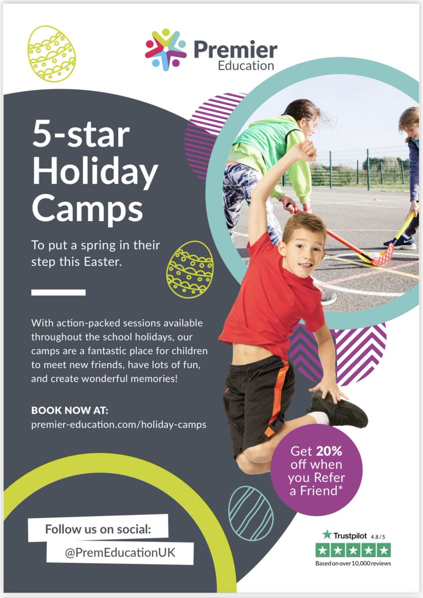 We have upcoming availability at Easter Holiday Camps across the region including : 
<a href="/AmbroseBarlow/">St Ambrose Barlow 💙</a> 
<a href="/hardymillsch/">Hardy Mill Sch</a> 
<a href="/FlixtonPrimary/">Flixton Primary School</a> 
<a href="/AspullChurchSch/">Aspull Church School</a> 

We are taking bookings now, so don’t miss out on a place for your child this Half Term.🐣

#haf #wiganschools #halfterm #educhat