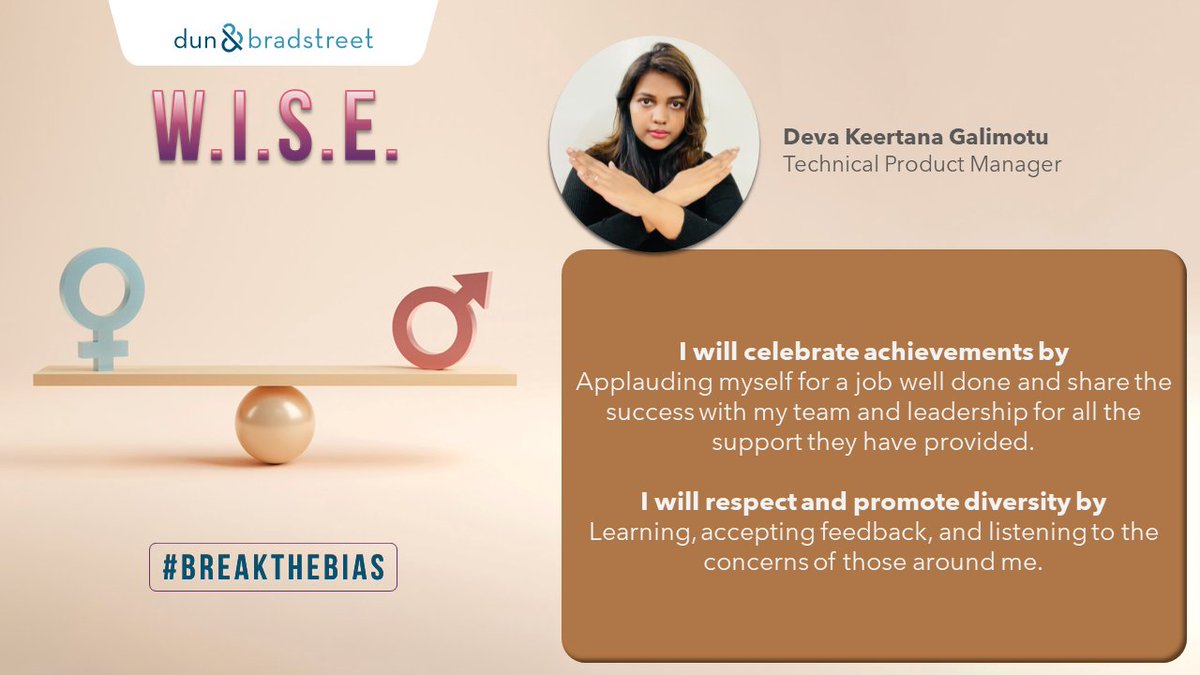 DNB_Technology's tweet image. Dun &amp;amp; Bradstreet’s Women Team Members are celebrating the #InternationalWomensDay.

Here’s Deva Keertana Galimotu sharing how she aims on providing the right direction to help women #BreakTheBias.

Watch this space to see more on how Dun &amp;amp; Bradstreet works towards empowerment.