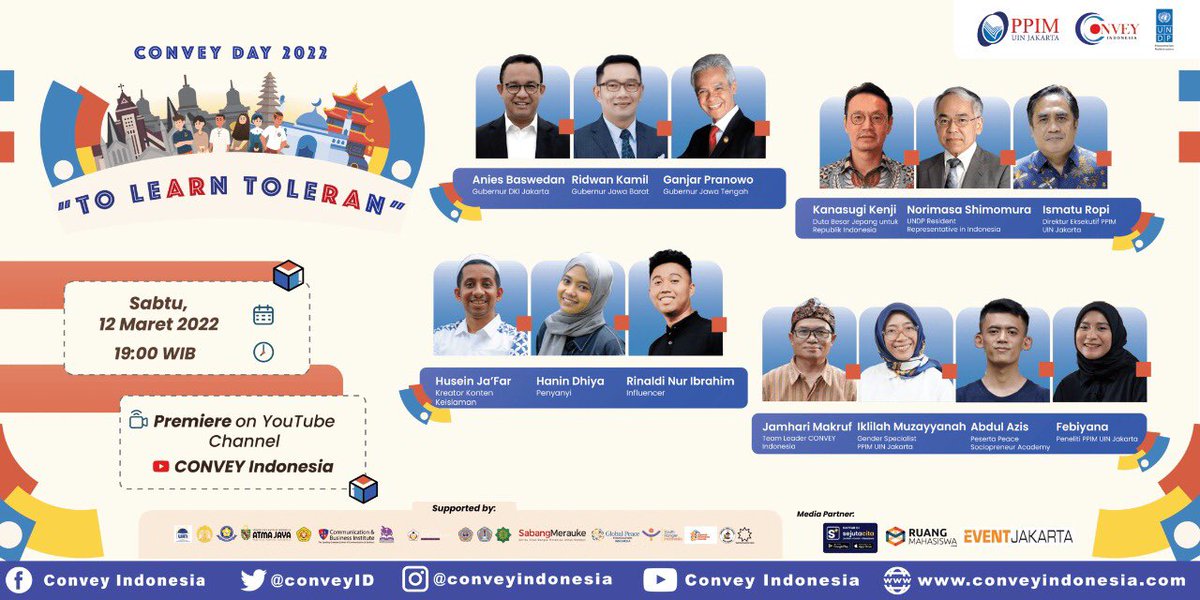 CONVEY DAY 2022 #ToLearnToleran is BACK!
Buat #malamminggu mu produktif dan seru2an bareng kita. Saksikan penampilan dari bintang tamu special dan akan sharing pengalamannya tentang keberagaman dan pentingnya ruang perjumpaan. 12 MARET 2022. 07.00 PM. bit.ly/YoutubeConveyI…