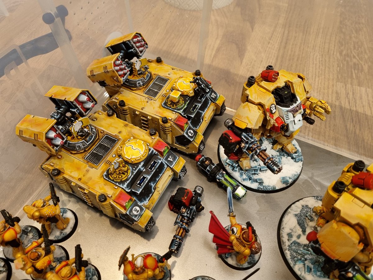 dg_swiss's tweet photo. From grey to yellow, I'm trying to get a tournament list painted for 2 weeks time. Whirlwinds done on to the finish the dreads. Then back to detailing the marines. #Warmongers #spacemarines #40K #imperialfist #miniatures #modelpainter #infinityidiots #dicewithdeath #i2dg https://t.co/tkz7VApUET