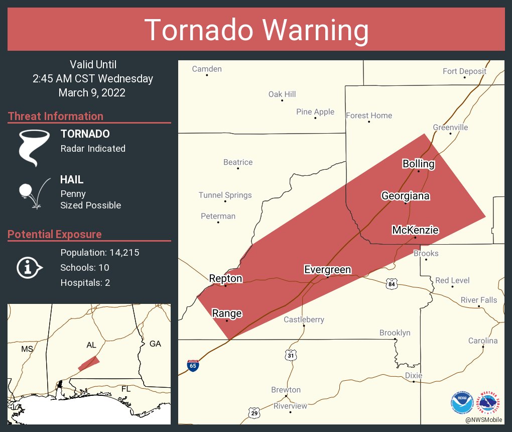 NWS Tornado on Twitter "Tornado Warning including Evergreen AL