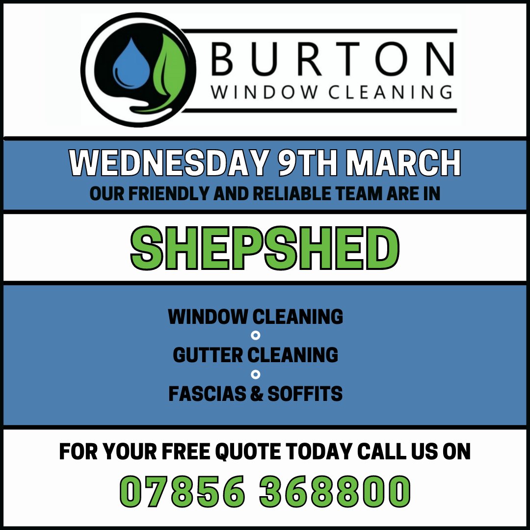 BOTWindowClean's tweet image. 📍 SHEPSHED

Today our friendly and reliable team will be in #Shepshed 

They will be carrying out a range of services including window, gutter and conservatory cleaning!

For your FREE quote call 07856 368800