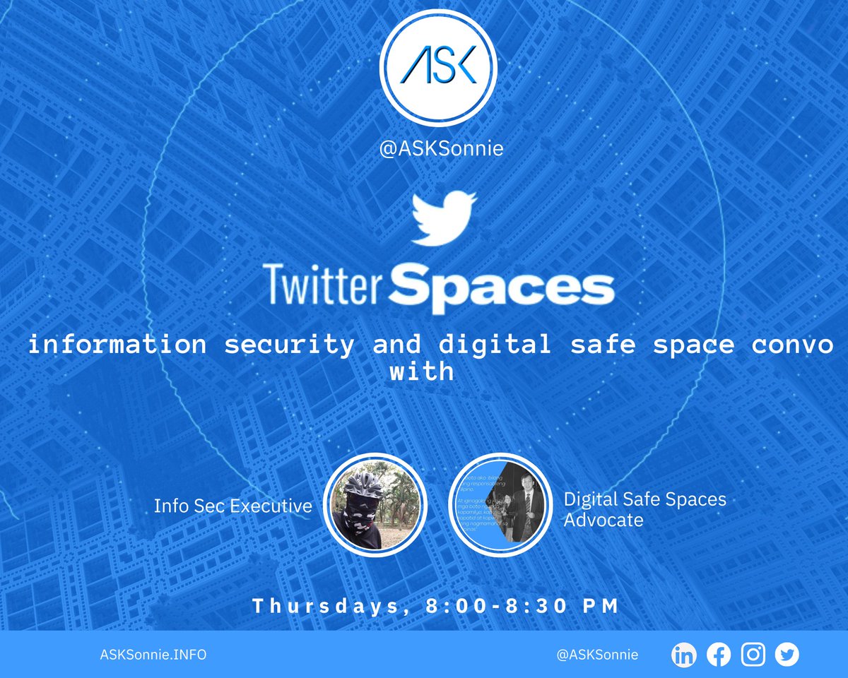 asksonnie_INFO's tweet photo. We'll be using 'spaces' to learn with others who are interested in the practical application of #DigitalSafeSpaces and #InformationSecurity
Our co-host is @du_wen_li a seasoned executive in #informationsecurity, #dataprivacy and protection, and #cybersecurity https://t.co/DBfbuqCw9O
