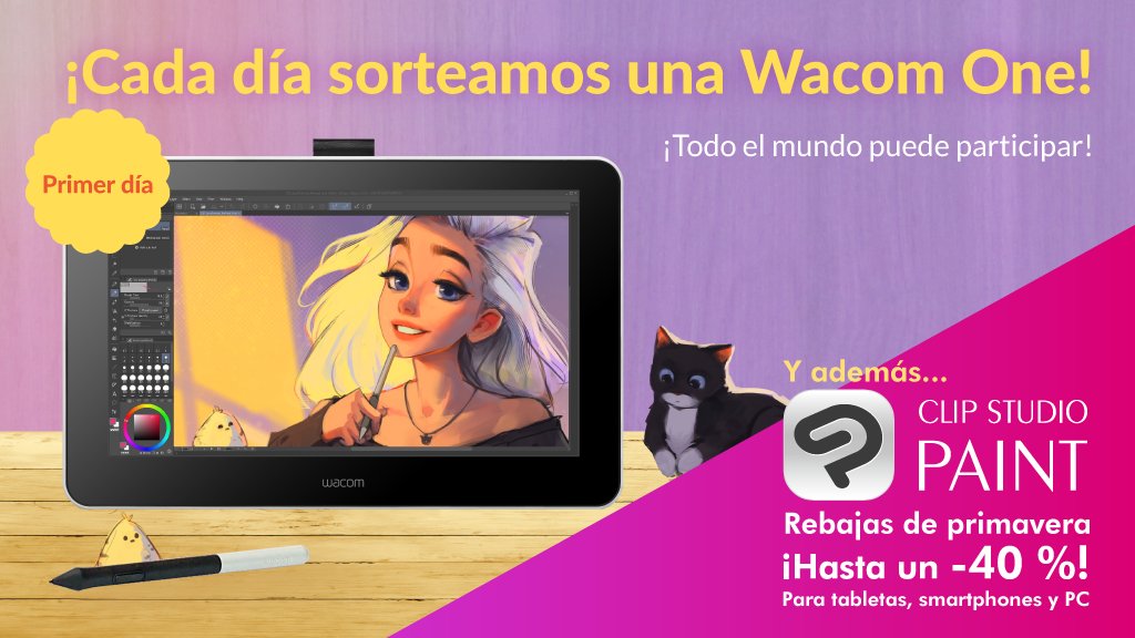 ¡Hasta un 40 % de descuento al comprar CLIP STUDIO PAINT! ¡Solo hasta el 15 de marzo a las 8:00 GMT! Lo compres o no, ¡puedes ganar la Wacom One diaria! Solo tienes que seguirnos y retuitearnos. ¡Participa los seis días!
Detalles: clipstudio.net/promotion/give…