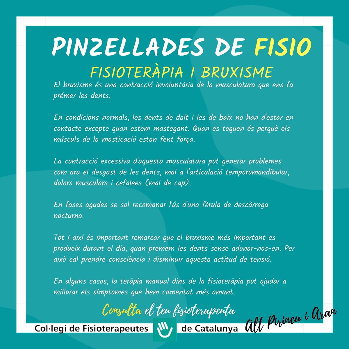 FISIOTERÀPIA I BRUXISME <a href="/flaut4/">R9ser CKD</a> <a href="/colficat/">CFC</a> <a href="/salut_cat/">Salut</a> @colficatlleida <a href="/colficatcentral/">Secció Territorial de la Catalunya Central del CFC</a> @colficatebre <a href="/radioseu/">RàdioSeu</a> @fshlaseu
#fisioteràpia #fisioterapia