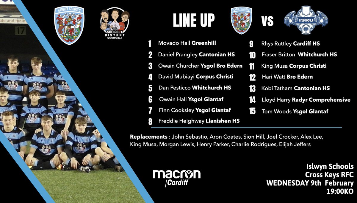 Our <a href="/distantpod/">The Socially Distant Sports Bar</a> A team to play <a href="/ISRU15s/">Islwyn Schools Rugby</a> in the <a href="/dewar_shield/">Dewar Shield</a> Bowl this evening 19:00 KO, £2 entry <a href="/crosskeysrfc/">Cross Keys RFC</a> . Good luck to both teams. Come on Cardiff. #💙🖤
