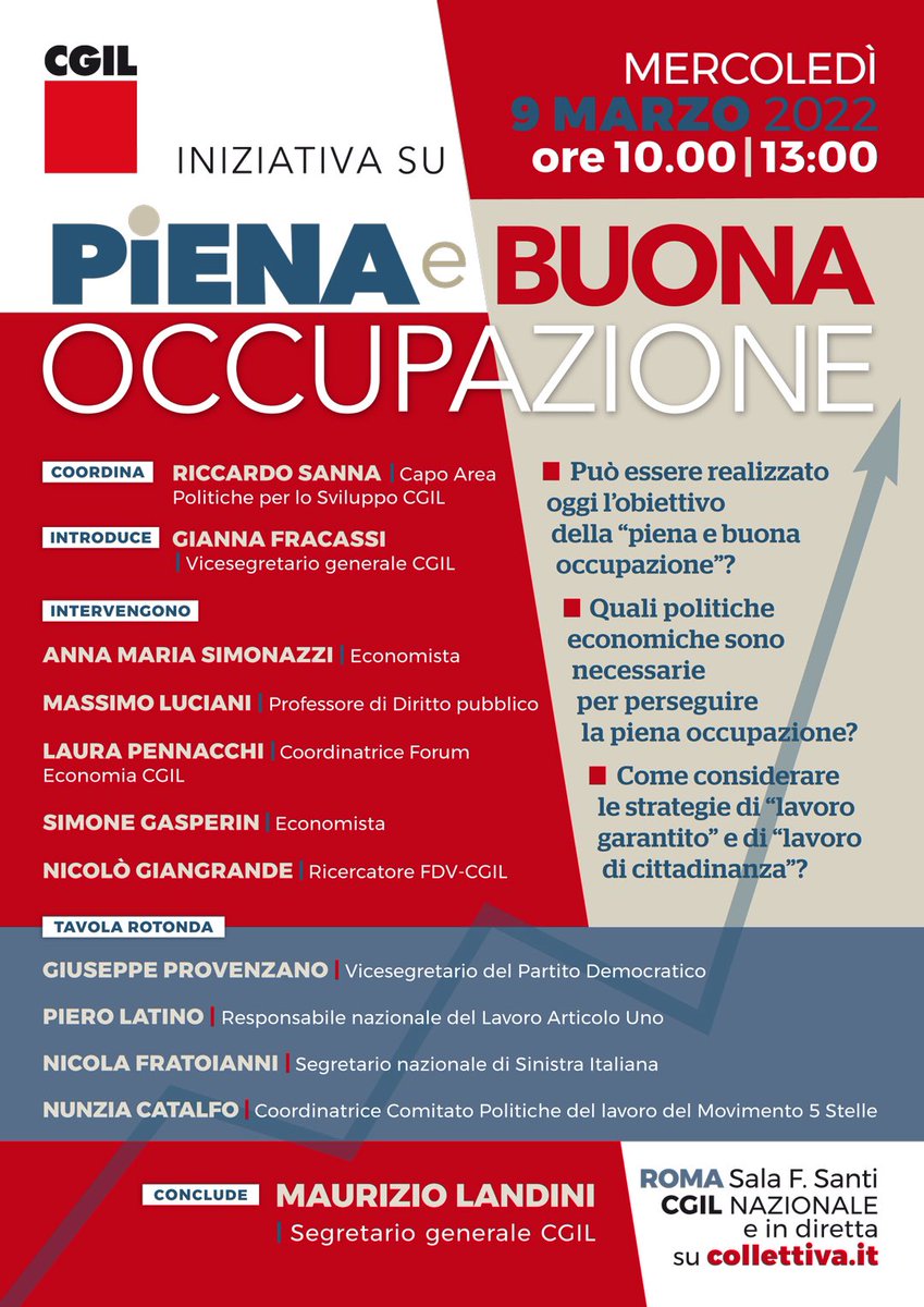 L'obiettivo è la piena e buona occupazione. La #Cgil chiama a confrontarsi sul tema studiosi e politici. È il momento di cambiare la situazione con politiche economiche mirate e un nuovo ruolo dello Stato

🔴Diretta ore 10 su Collettiva.it 

👉bit.ly/3KofEzG