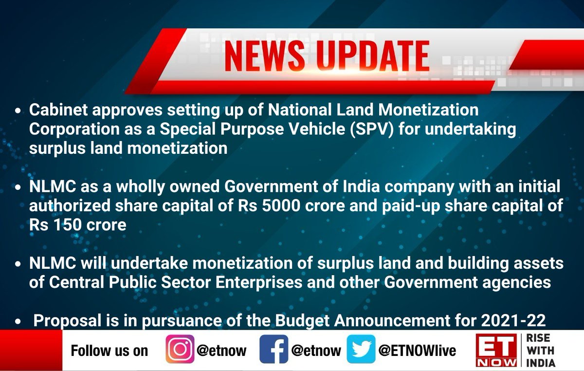 ETNOWlive's tweet photo. #Cabinet approves setting up of National Land Monetization Corporation as a Special Purpose Vehicle (SPV) for undertaking surplus land monetization. Here are the details
@priyadarshi108 @pmoindia #SPV #LandMonetization https://t.co/YALNPy0GV7