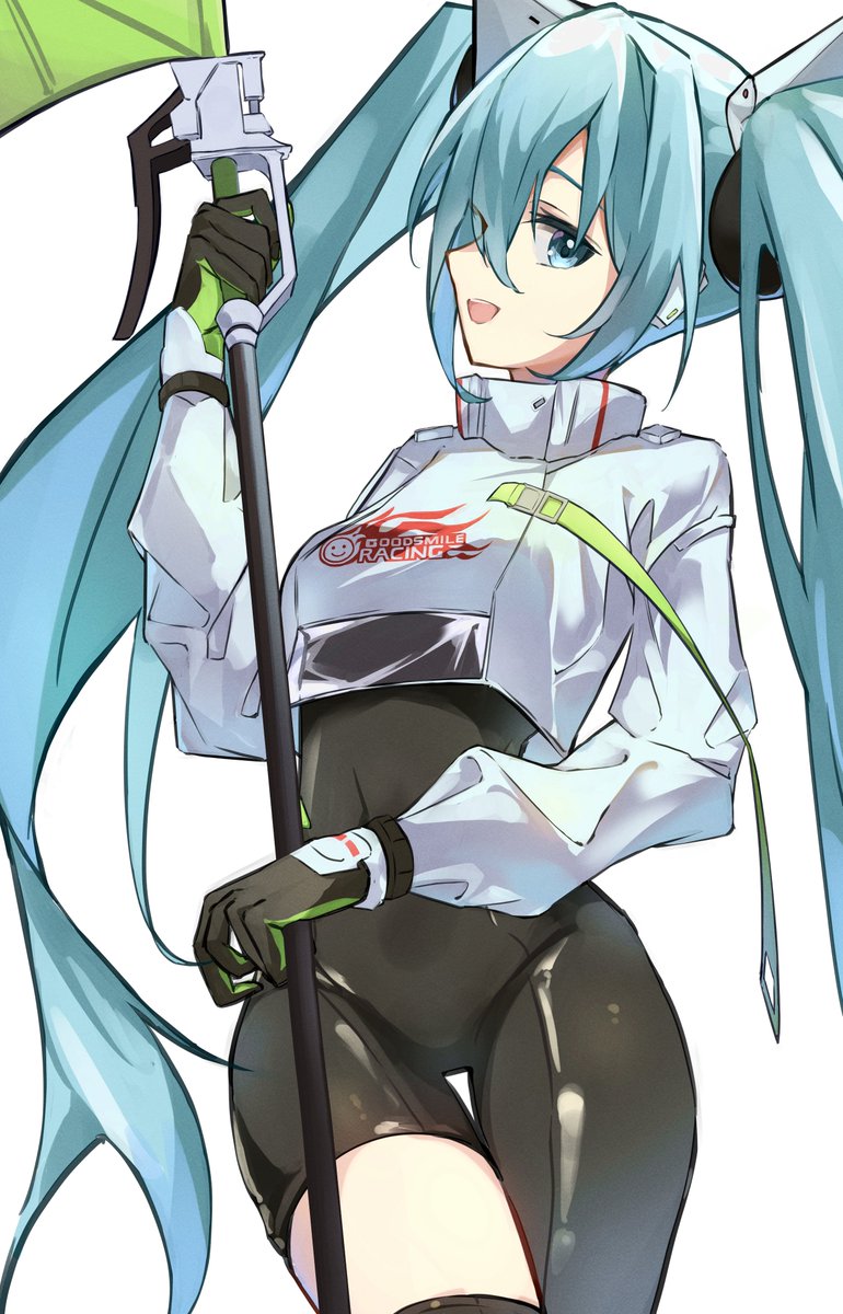 hatsune miku ,racing miku 1girl solo bodysuit long hair twintails gloves holding  illustration images