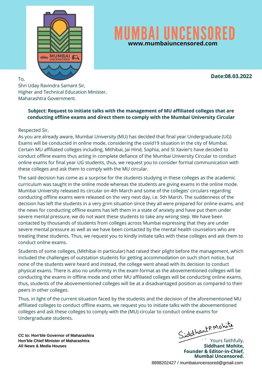 SiddhantMohite1's tweet photo. Thankyou Hon’ble CM @OfficeofUT for responding to this issue. 

My request has been forwarded to @htedu_ Higher &amp; Technical Education Dept from @CMOMaharashtra

I request Hon Minister @samant_uday ji to look into this serious matter asap.
@uncensoredlive @dpradhanbjp @Uni_Mumbai https://t.co/j2SQJudxTz