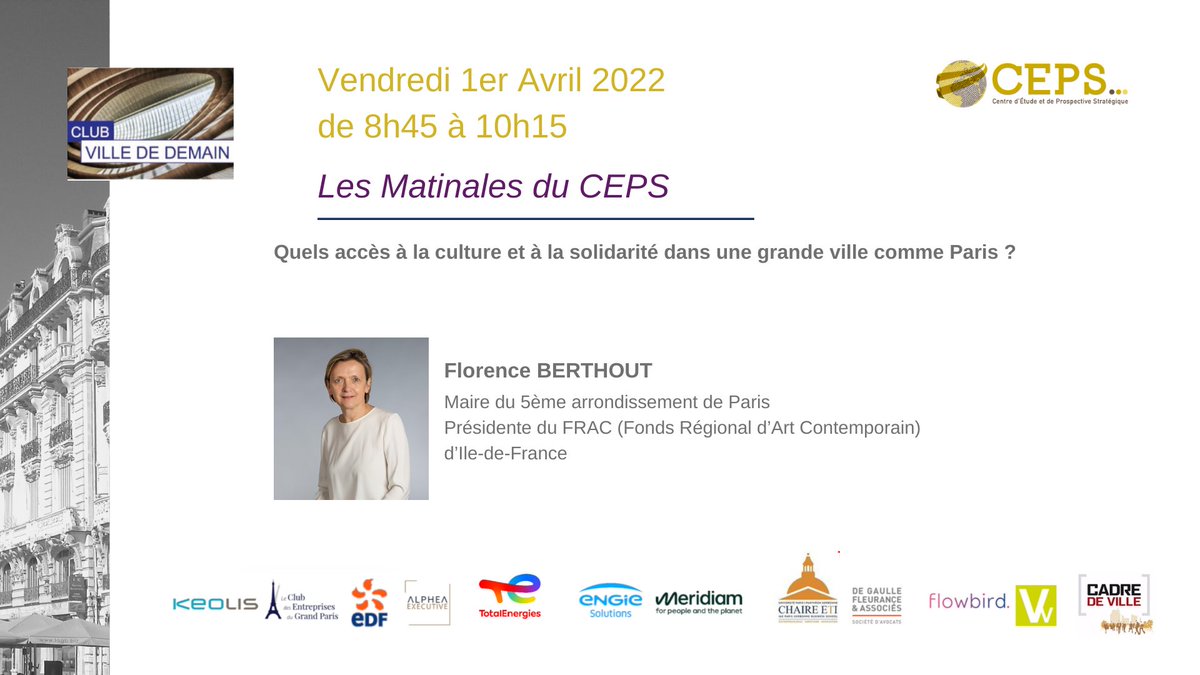 Le 1er Avril, le Club Ville de Demain accueillera Florence Berthout.

Elle répondra à la thématique suivante : Quels accès à la culture et à la solidarité dans une grande ville comme Paris ?

Inscrivez-vous via ce lien : oandb.typeform.com/to/gGaXyUkd?ut…