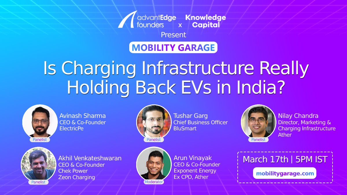 Join our next "Mobility Garage" session on 17th March, were we go in-depth on the state of charging infrastructure and EV adoption in India with people from <a href="/ExponentEnergy/">Exponent Energy</a> <a href="/BluSmartIndia/">BluSmart</a> <a href="/atherenergy/">Ather Energy</a> <a href="/zeoncharging/">Zeon Charging</a> and  #ElectricPe. Signup at mobilitygarage.com