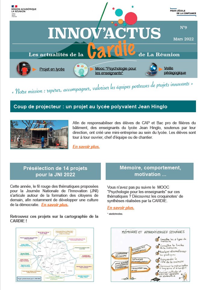 CardieReunion's tweet photo. Vous l'attendiez, la voici ! Innov'actus, la lettre d'information de @CardieReunion, est en ligne. Projets à l'honneur, veille pédagogique, captations de la #SAI974, etc. Bonne lecture ! @dmichel974 @ChristinEliane2 @AcLaReunion @histobric @FPariolleau   https://t.co/AVuTO3KM1D https://t.co/kV4Lkw51aY