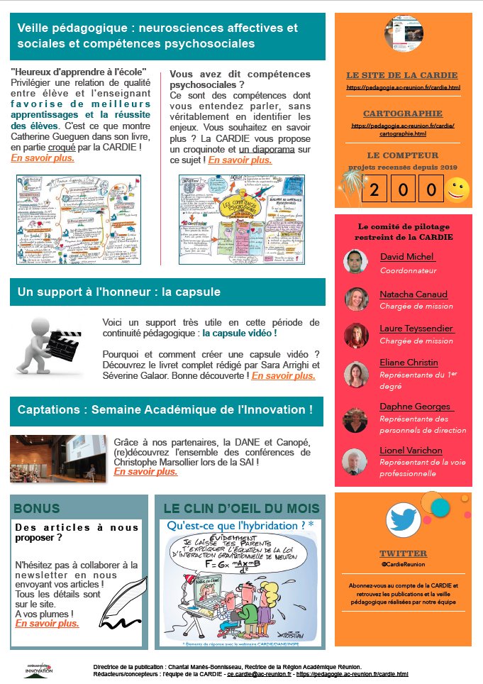 Vous l'attendiez, la voici ! Innov'actus, la lettre d'information de <a href="/CardieReunion/">CARDIE REUNION</a>, est en ligne. Projets à l'honneur, veille pédagogique, captations de la #SAI974, etc. Bonne lecture ! <a href="/dmichel974/">MICHEL David</a> <a href="/ChristinEliane2/">Christin Eliane</a> <a href="/AcLaReunion/">Académie de La Réunion</a> <a href="/histobric/">S. Guérault</a> <a href="/FPariolleau/">CARDIE PARIS</a>   pedagogie.ac-reunion.fr/fileadmin/ANNE…
