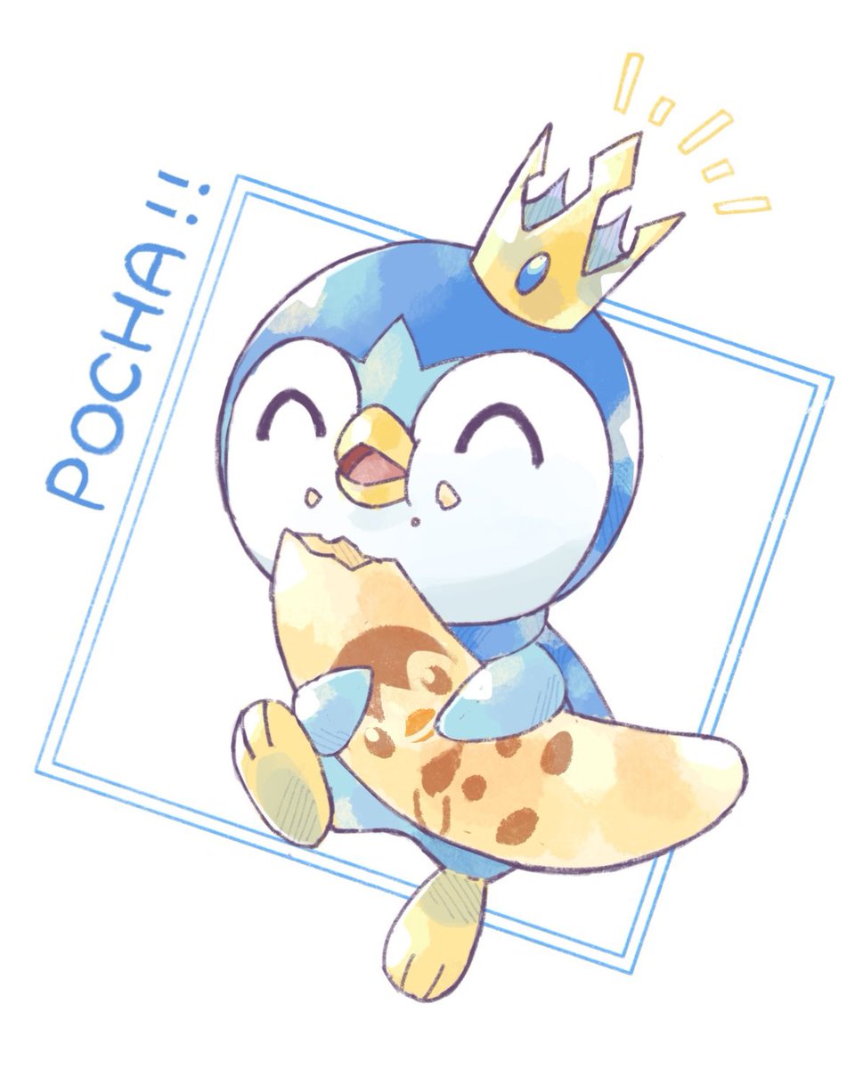 piplup holding pokemon (creature) no humans food closed eyes eating solo  illustration images