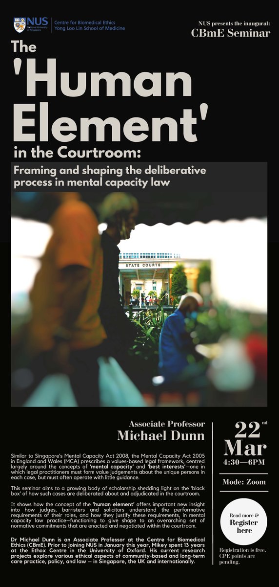 Come hear empirical insights from the <a href="/judgingvalues/">Judging Values and Participation Project</a> project. How do solicitors, barristers and retired judges understand &amp; enact their roles and responsibilities in mental capacity cases in the court? Open to all 22/03/22; 4.30pm SGT (8.30am UK) Register: nus.syd1.qualtrics.com/jfe/form/SV_3e…