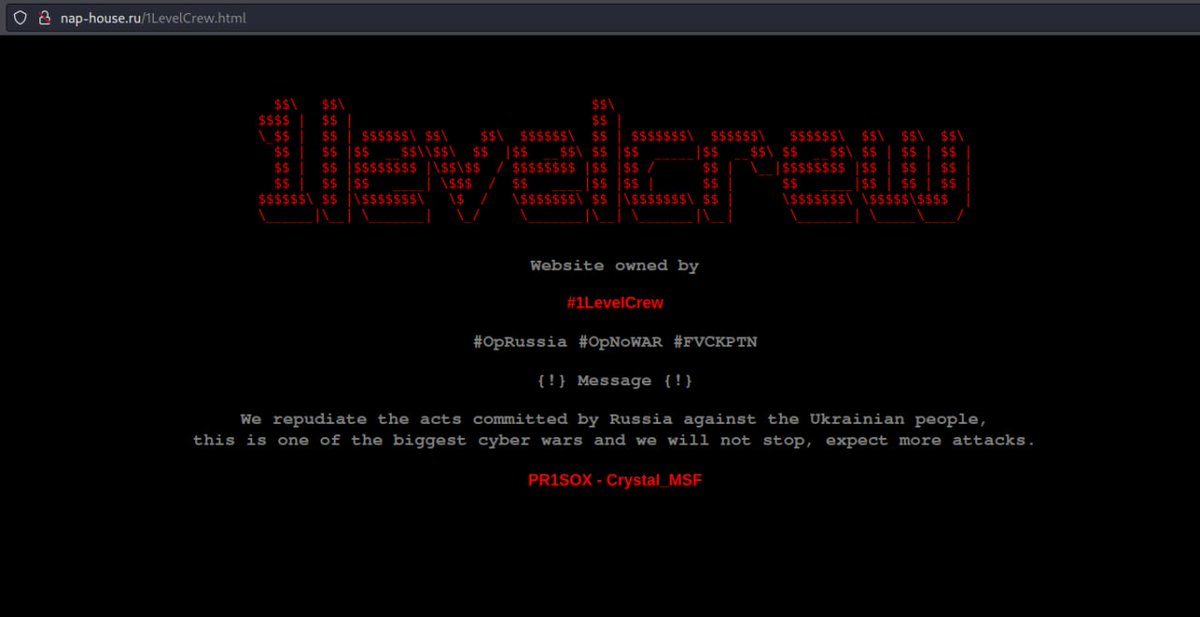 #Anonymous #1LevelCrew #OpRussia #Ukraine️

Another site that we enter to leave our message, we will continue to access Russian servers will not be able to stop us.

Hacked: nap-house.ru/1LevelCrew.html 

We are 1levelcrew.