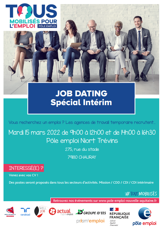 📅 A VOS AGENDAS !
Plusieurs agences de travail temporaire du bassin de #Niort seront présentes dans votre agence Pôle emploi Niort Trévins mardi 15 mars pour proposer #intérim, #CDD, #CDI.
Venez les rencontrer avec votre CV !
#TousMobilisés #DeuxSèvres @prismemploi