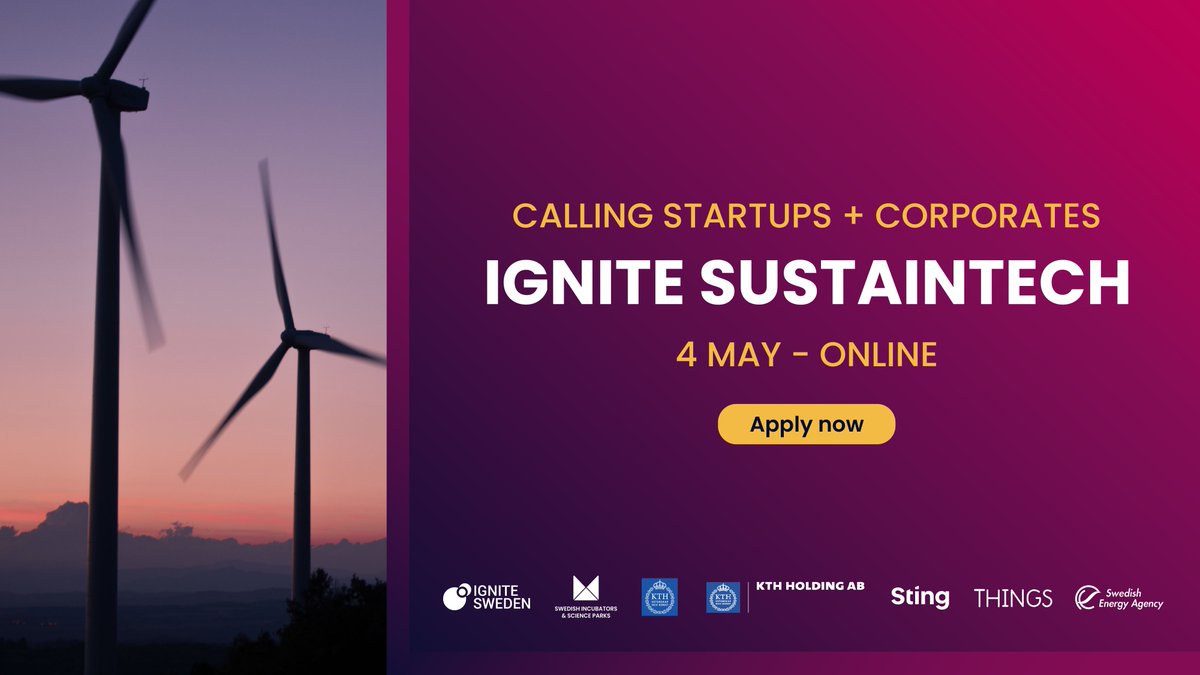 🌍 Don’t miss this great opportunity to collaborate towards a more sustainable world as #Corporation &amp; #publicsector are matched with innovative #startups within #sustainability &amp; #energy at Ignite Sustaintech #matchmaking on May 4th 🤩👏

Apply now👉 ignitesweden.org/events/ignite-…