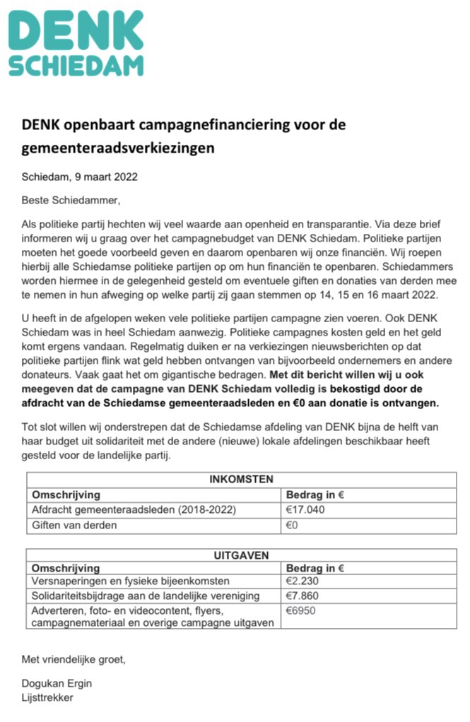 Verkiezingen kosten geld en geld komt ergens vandaan. Check onze brief aan Schiedammers, waarin wij openheid van zaken geven over onze financiën. Wij roepen alle Schiedamse politieke partijen op om openheid en transparantie te bieden. Partijen moeten het goede voorbeeld geven.