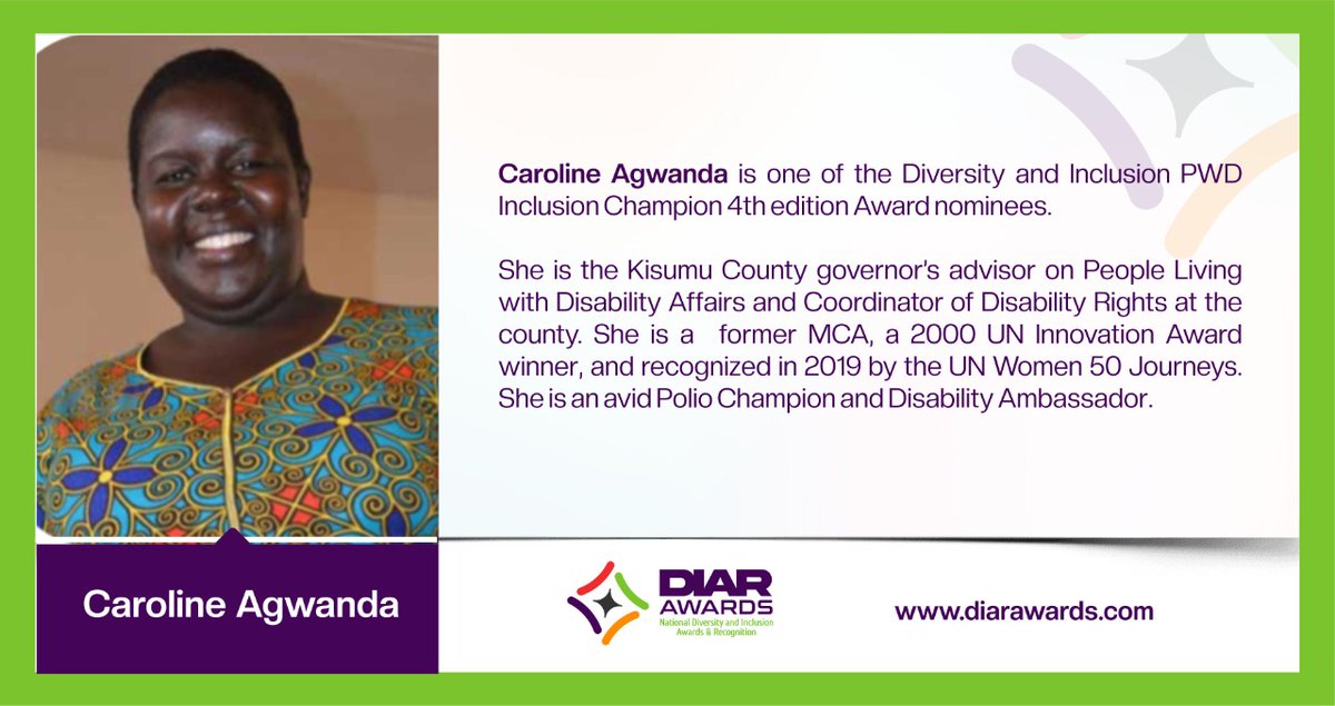 DIAR_Awards's tweet photo. @HonAgwanda is Kisumu County @KisumuCountyKEKisumu governor’s @AnyangNyongo  advisor on People Living with Disability Affairs and Coordinator of Disability Rights at the county, and also an avid Polio Champion and Disability Ambassador. 
#DiversityandInclusionKE https://t.co/yEwtXp9qdW