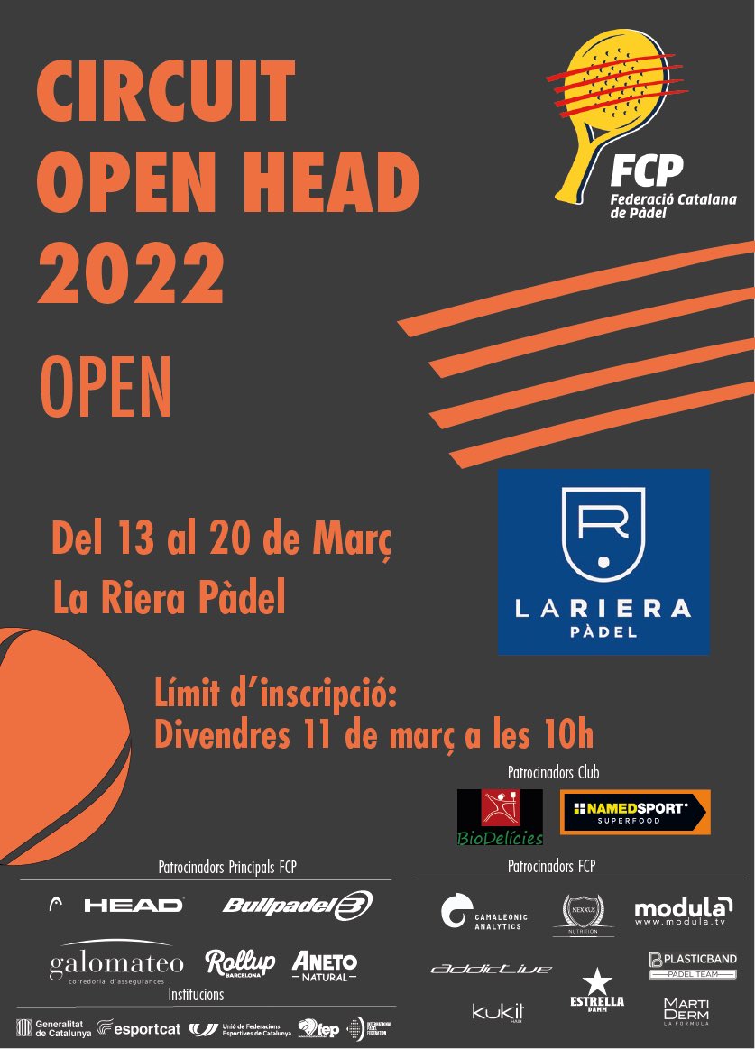 FCatalanaPadel's tweet photo. ⚠️ INSCRIPCIONS OBERTES ⚠️
Fins divendres 👉10h

🎾 Campionats del 13 al 20/02

🏆 Circuit #OpenFCP @HEAD_PADEL 
📍 @LaRieraPadel 

🏆 Circuit #HEADPlayersFCP @HEAD_PADEL 
📍 @clubtennisdaro 

Informació
➡️ https://t.co/3ntBe7dqps

#Pàdel #Català #Competició #MésPàdelQueMai https://t.co/nfATtdmfhU