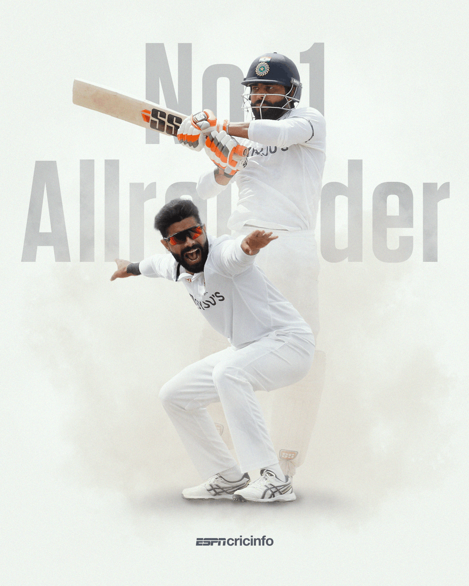 cricinfo's tweet photo. After a sensational all-round performance in Mohali, Ravindra Jadeja rises to the top spot in the ICC Test allrounder rankings 🙌 https://t.co/isuH9Hj12m