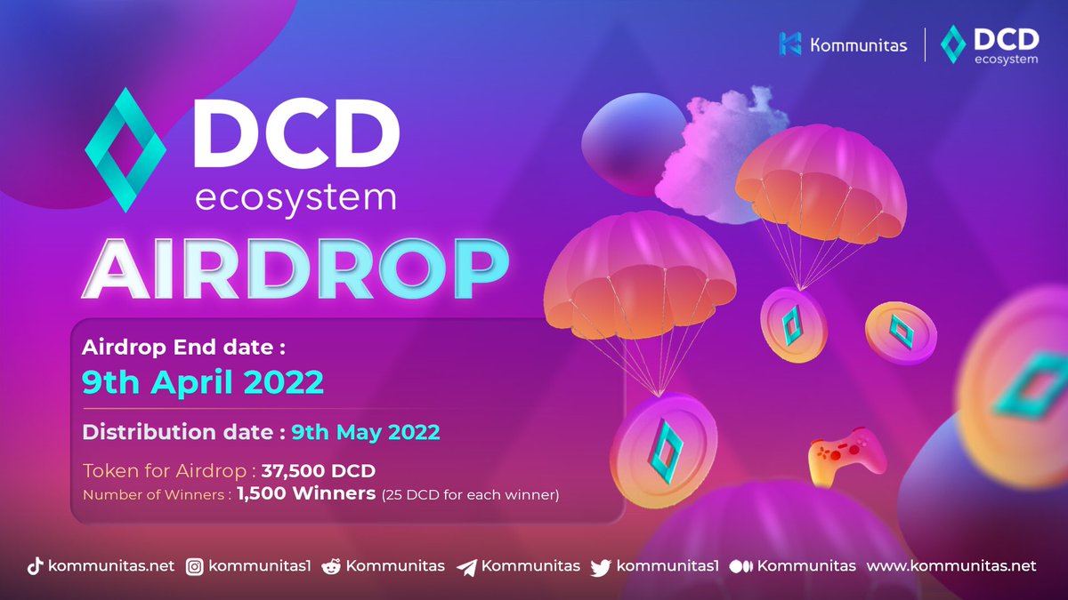 Hi, $KOMmunity!

💎 We have organized an #Airdrop giveaway for <a href="/Dcd_ecosystem/">DCD Ecosystem</a> 

🤩 We want to share 37,500 DCD with 1,500 people!

💡This giveaway will end on 9th April 2022 and the distribution date will be on 9th May 2022

✨Join here giv.gg/addcd