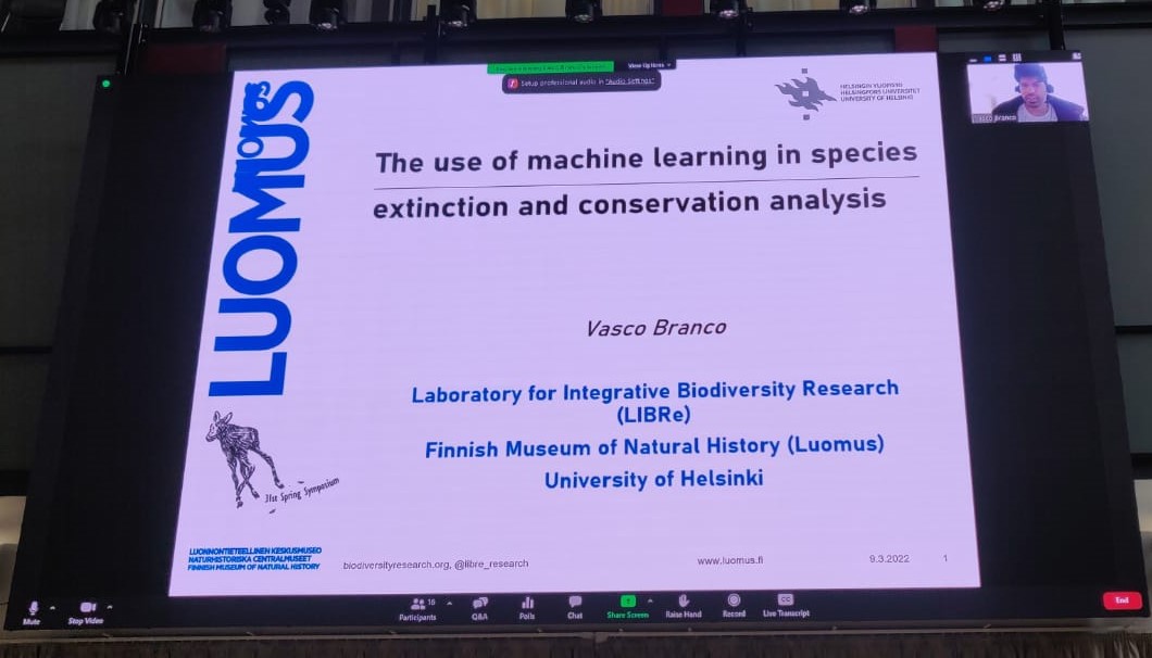 springsymposium's tweet photo. Continuing with some remote presentations. @VV_Branco presents how #machinelearning can be used in working with #species #extinction and #conservation analysis. #SpringS22 https://t.co/mvgbLZRfx2