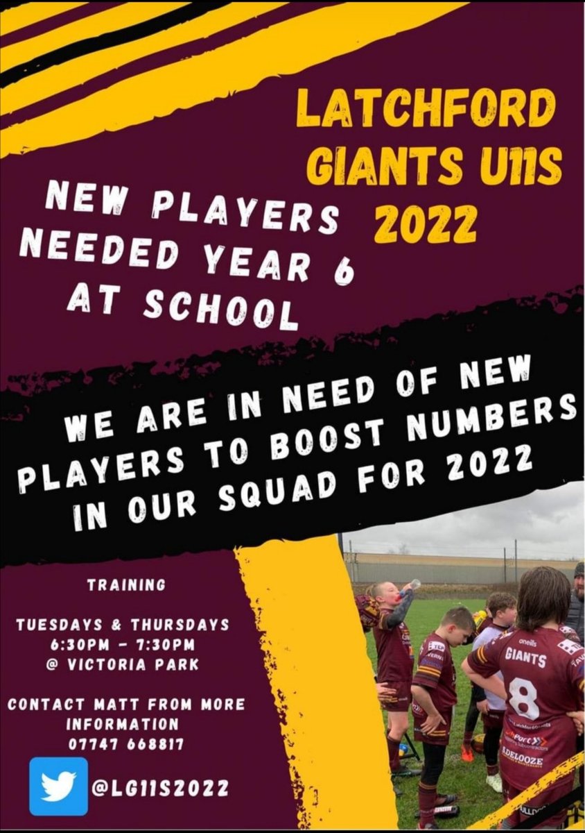 Latchford Giants U11's are in need of players.

Great activity to get involved in and a great confidence builder.

Train Tuesday and Thursdays 6:30 to 7:30pm @ Victoria Park. 

Contact Matt for more information 07747668817.

#LatchfordGiants
#Teamwork
#Sports4Fun