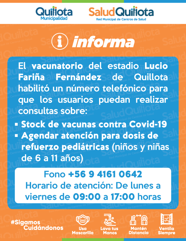 saludquillota's tweet photo. 💢SaludQuillota informa
✅Vacunatorio del estadio Lucio Fariña de #Quillota   habilitó un número telefónico para que usuarios puedan realizar consultas sobre:
✔Stock de vacunas contra Covid-19
✔Agendar atención para dosis de refuerzo pediátricas ( niños y niñas de 6 a 11 años) https://t.co/cYm4TV5kpZ