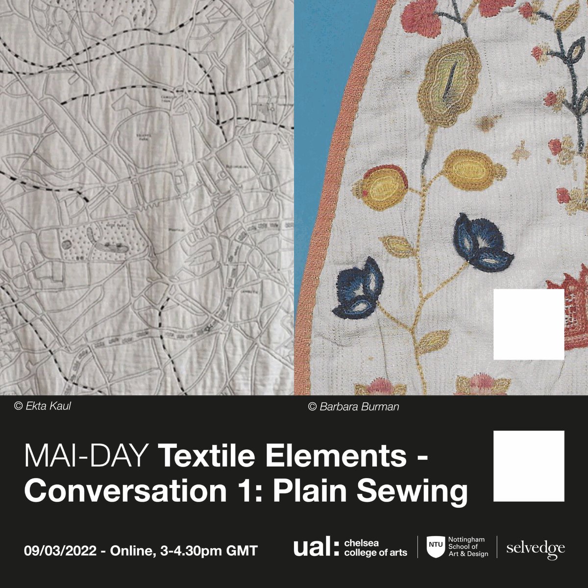 Textile Elements starts today! Conversation 1: Plain Sewing, with Barbara Burman and Ekta Kaul, is at 3pm GMT, online. Tickets still available: eventbrite.co.uk/e/mai-day-text… <a href="/NTUArtandDesign/">Nottingham School of Art & Design</a> See you there!