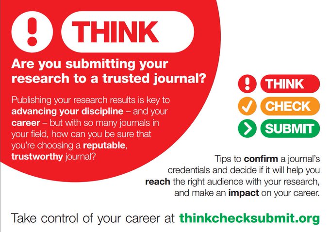 AFBILibrary's tweet image. Choose a trusted journal or publisher for your @AFBI_NI 
research. Think. Check. Submit. 
Visit thinkchecksubmit.org for tools, advice and resources.
#ThinkCheckSubmit and avoid #predatoryjournals