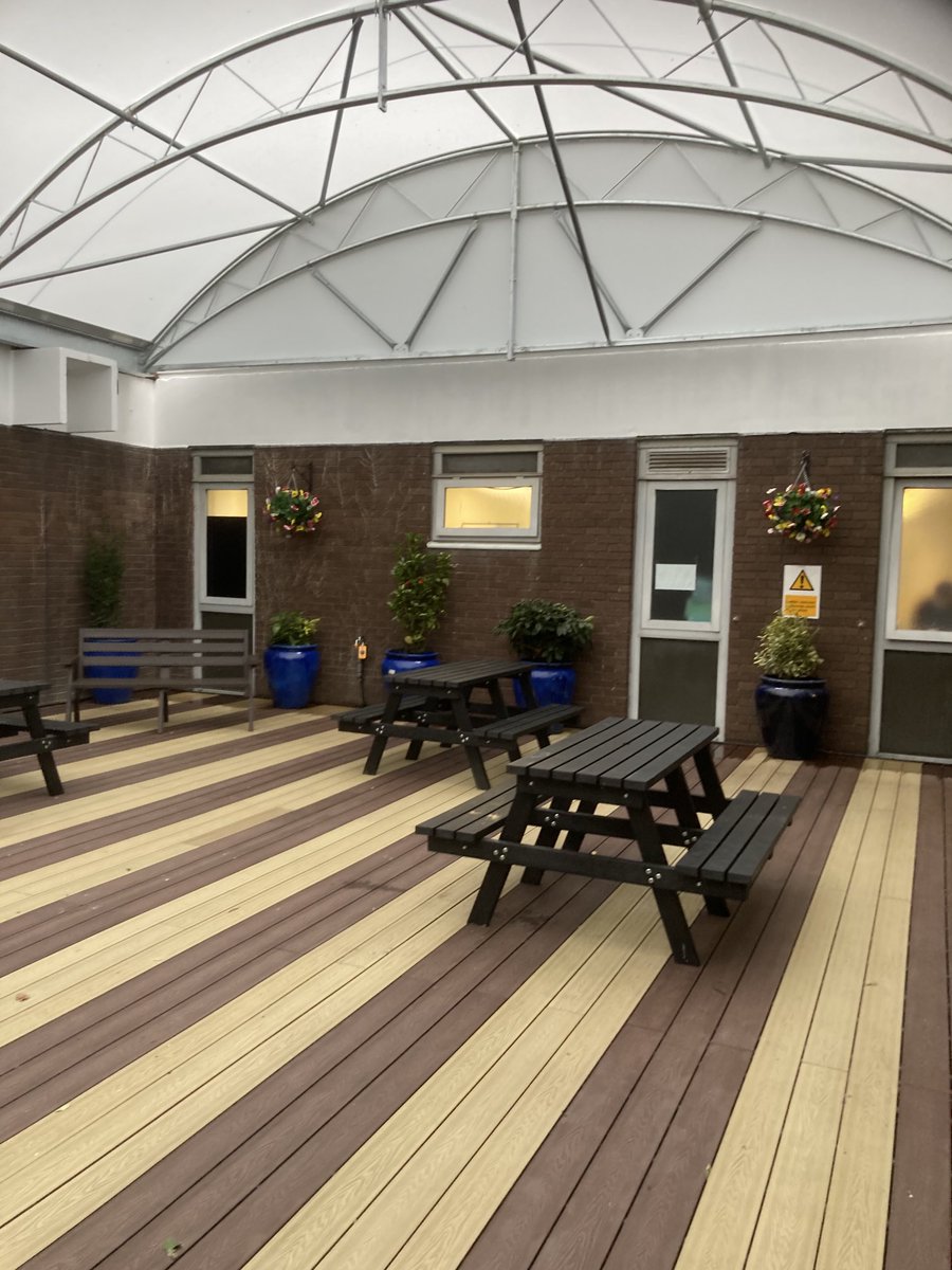 Strong work from the Estates and Sodexo teams ⁦@ndht⁩ to create this outdoor staff rest space - still a few finishing touches to come such as art work and heating but looking 👌