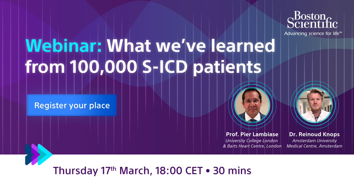 BSC_EU_Heart's tweet photo. Don't miss our #BSCEMEA #SICD webinar on Mar 17: Prof. Lambiase and Dr. Knops will review #ClinicalData coming from high profile trials like PRAETORIAN.
Register now: https://t.co/PvAaMkncTh
#CardioTwitter #SICDFirst https://t.co/NQiMw5qQZr