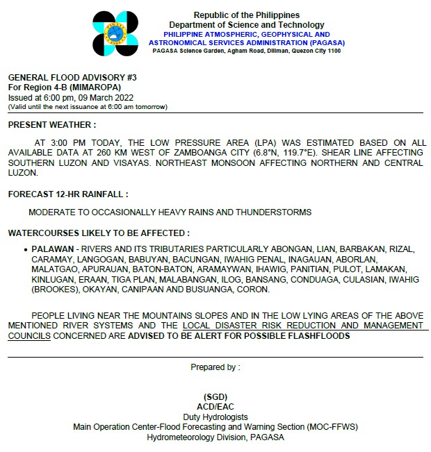 dost_pagasa's tweet photo. General Flood Advisories (GFAs)
Issued @ 6PM, 09 March 2022
Region 4B (MIMAROPA) -#GFA3
Region 9 (Zamboanga Peninsula) - #GFA6
Region 12 (SOCCKSARGEN) - #GFA5
BARMM - #GFA5 https://t.co/t5ie8e2grN